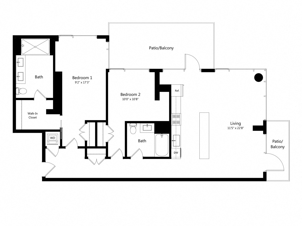 Floor plan for 2 beds, 2 baths, 1326 sqft